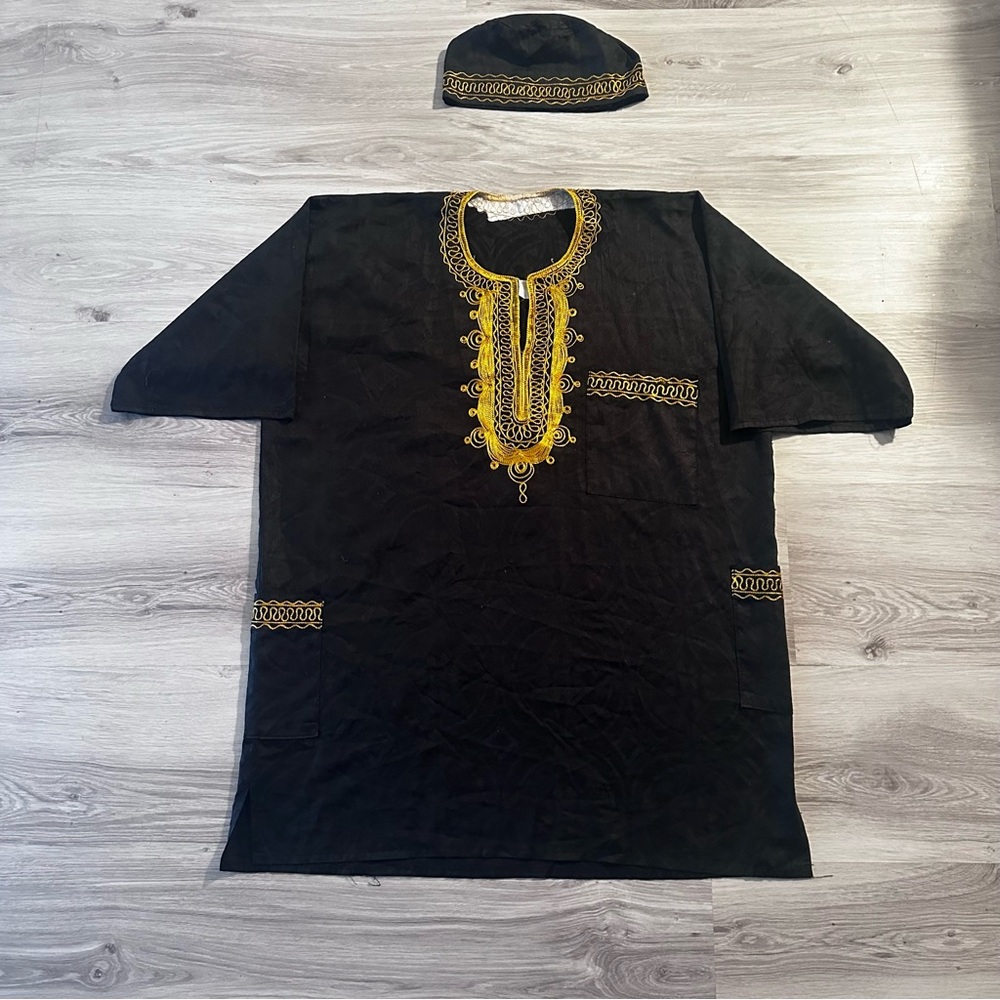 Men's Traditional African Dashiki Top Shirt and Kufi Hat Set Large Black Gold - Picture 7 of 14